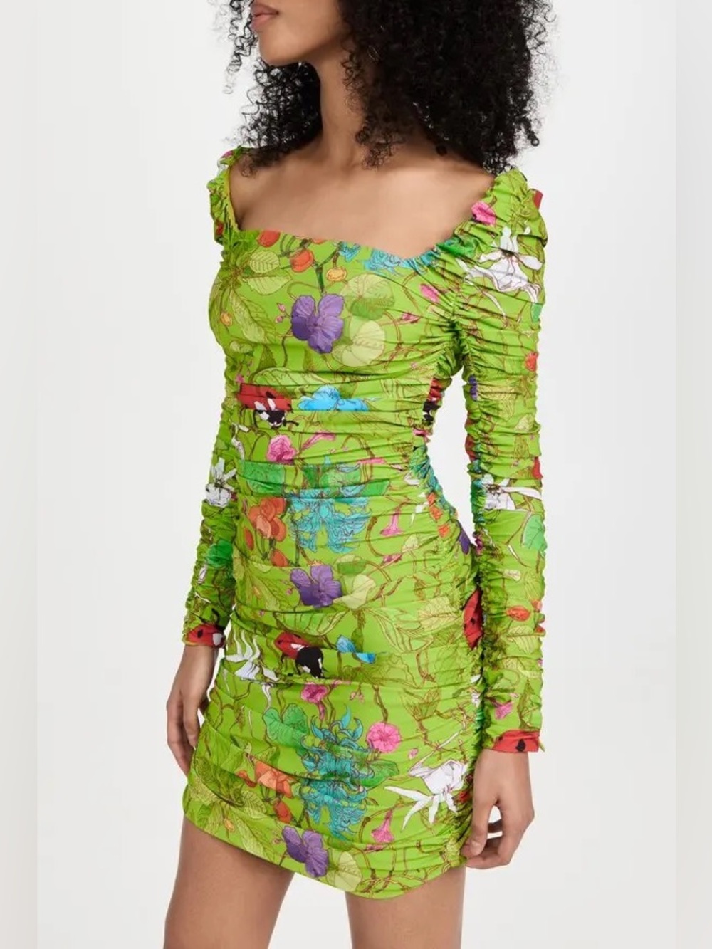 Aliette Floral Bug Printed Green Ruched Long Sleeve Square Neck Mini Dress Sz 2